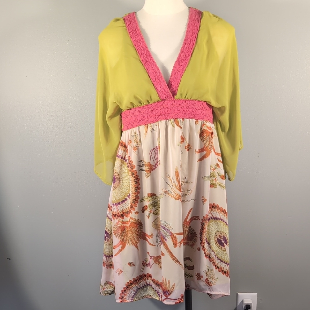 Gorgeous Altar'd State Bohemian Style Pink/Green Mini Dress, Sz. M.